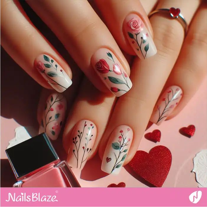 Nude Nails with Simple Rose Design | Valentine Nails - NB2407